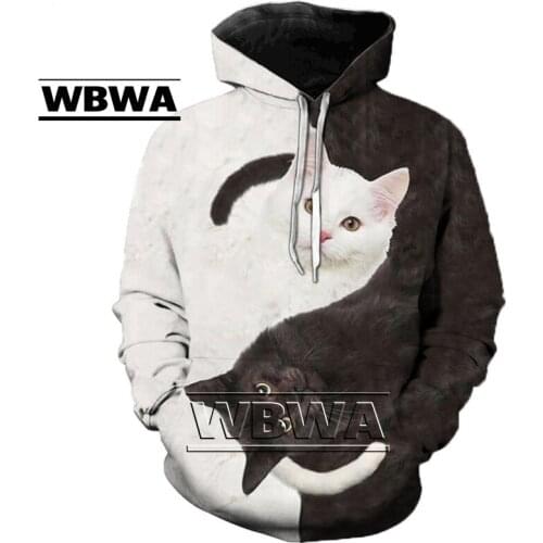 2021 New Black and White Cat 3D Hoodie Sweatshirts Pullover Men Women Fashion Casual Streetwear Casual Black Hoodies