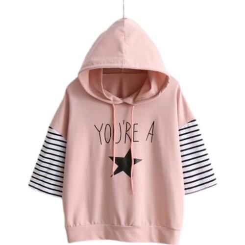 Letter Print Striped Patchwork Hoodies Women 2021 Spring Drawstring Casual Hooded Sweatshirts Korean Fashion Female Basic Top