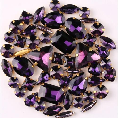 Gold claw setting 50pcs/bag shapes mix Amethyst glass crystal sew on rhinestone wedding dress shoes bags diy trim