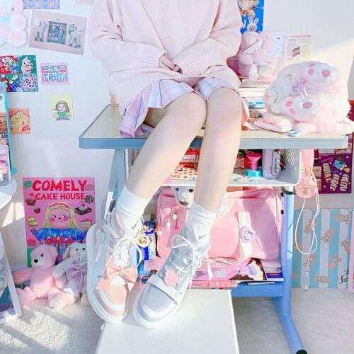 Female Running Shoes Lolita Boots Student Jk Student Uniform Womens Cosplay High Top Lace Up Mid Heel Bear Girls Sneakers