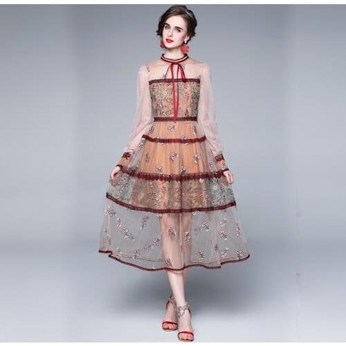 Embroidery Lantern Sleeve Women Dresses Summer 2021 Mesh Mid-Calf Bow Preppy Style Woman Dress Empire Chiffon Long Sleeve Dress