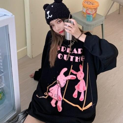 Harajuku Style Cartoon Pair Mirror Pink Rabbit Print Sweatshirt Loose Women O-Neck Pullover Long Sleeve Sweatshirt Clothes Women