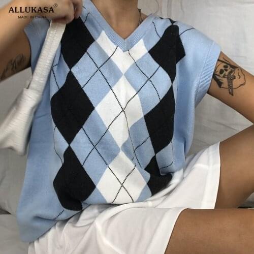 Argyle female sweater vest women V Neck sleevelss Knitted Vests blue Preppy Style 2020 checkered soft Crop Top woman sweaters
