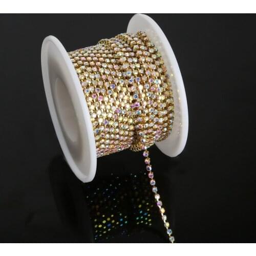 10 yards/roll gold base crystal ab SS6(1.9-2.0mm)intensive gold base new style diy accessories rhinestone chain sew on clothing