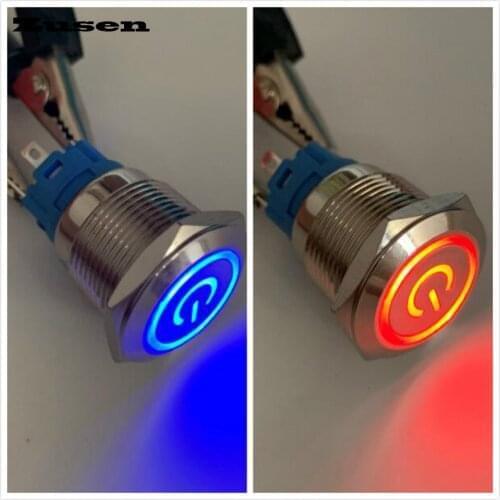 Zusen 19mm dual-color latching type Illuminated power symbol 1no1nc push button switch(ZS19SF-11ZET/R-B/12V/N)