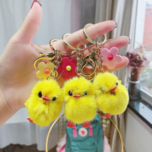 2021 Cute Cartoon Chicks Animal Daisy Key Chain Real Genuine Fox Fur Ball Pompom Ring Bag Pendant Charm For Women F340