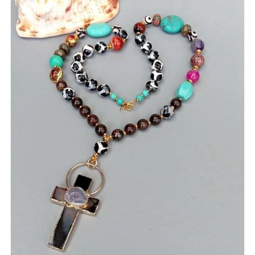 YYGEM Agate Druzy Cross Pendant Religion Jewelry natural Agate Turquoise Murano Glass Long Necklace
