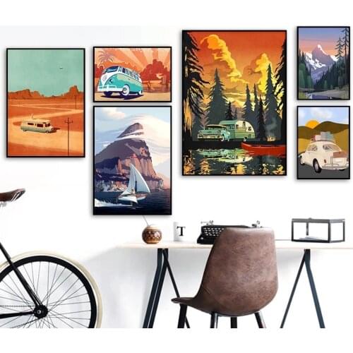 Car Sailboat Tourist Landscape vintage Wall Art Canvas Painting Nordic Posters And Prints Wall Pictures For Living Room Decor