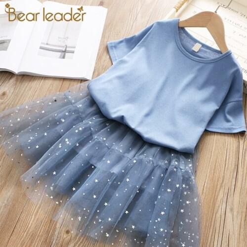 Bear Leader Girls Clothing Sets 2021 Summer Cute Princess Girl Solid Color Undershirt + Star Dress 2PCS Sets Children Clothing