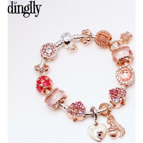 Dinglly Shiny Love Flower Heart Charm Bracelets For Women Girls Original New Leaf Beaded Pendant Bracelet & Bangle Jewelry