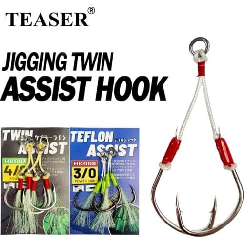 TEASER 2pcs Jig Hooks Fishing Slow Jigging Twin Assist Hook 1/0 2/0 3/0 for Metal Jig Solid Ring Jigging Double Saltwater Hooks