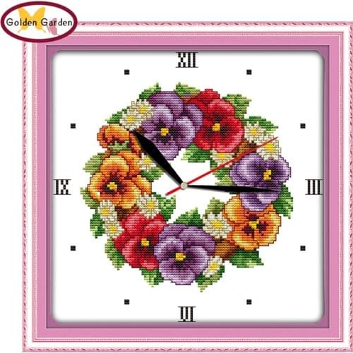 NKF Colored Poppies Clock Face Cross Stitch Kits Embroidery Needlework Patterns Handcrafts DIY Kits Cross Stitch for Home Decor
