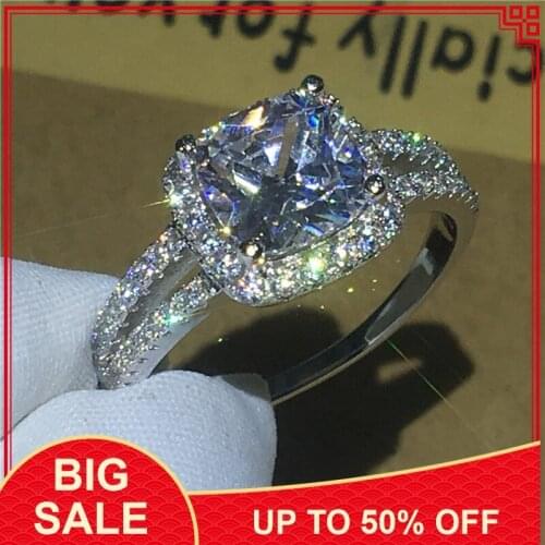 Fine Jewelry Silver color ring Cushion cut 2ct AAAAA Zircon Cz stone Party wedding band rings for women bijou Gift