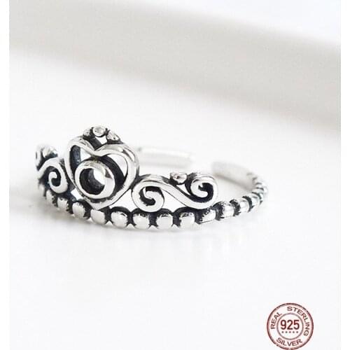 LKO 925 Sterling Silver Vintage Chic Princess Crown Finger Adjustable Ring for Women Romantic Wedding Party Jewelry Accessories