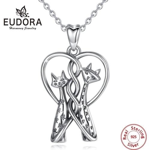 EUDORA Sterling Silver Cat Necklace kitten two headed conjoined 925 silver Cat Lover charm jewelry Forever Love Pet Pendant D414