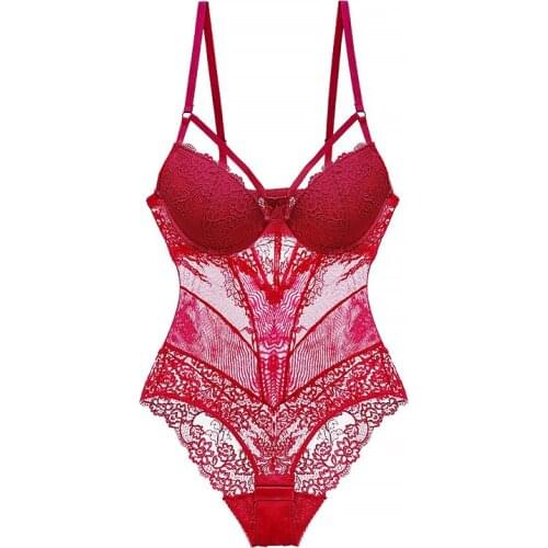 Sexy Body Women Push Up Strappy Cup Underwire Hollow Out Back Floral Pattern Bodysuit Women Lingerie Bra with Openable Crotch