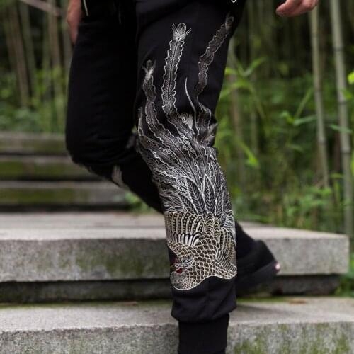 Fashionable All-Match High Street Phoenix Embroidered Full Length Pants Hip Hop Streetwear Men Boys Elastic Waist Cotton Warm