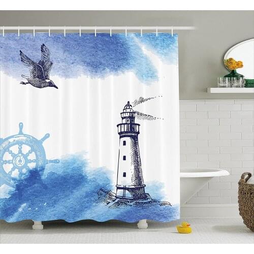 Farm House Shower Curtain Nostalgic Watercolors with Gull Ancient Anchor Lighthouse Nautical Theme Wall Decoration Curtains