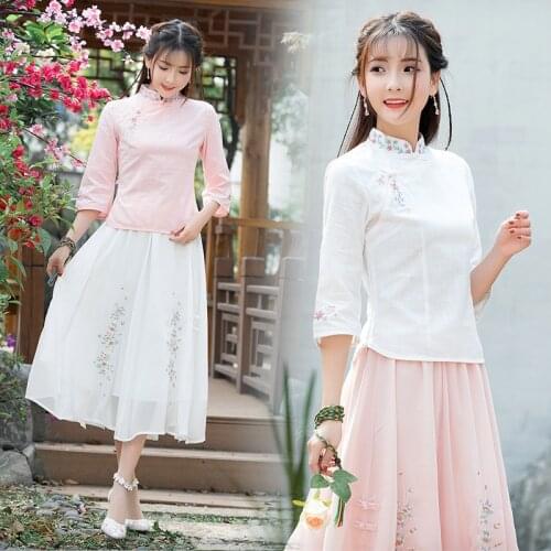 Pink Chinese elements cotton linen shirt womens national style 7 / 4 sleeve embroidered small flower collar shirt