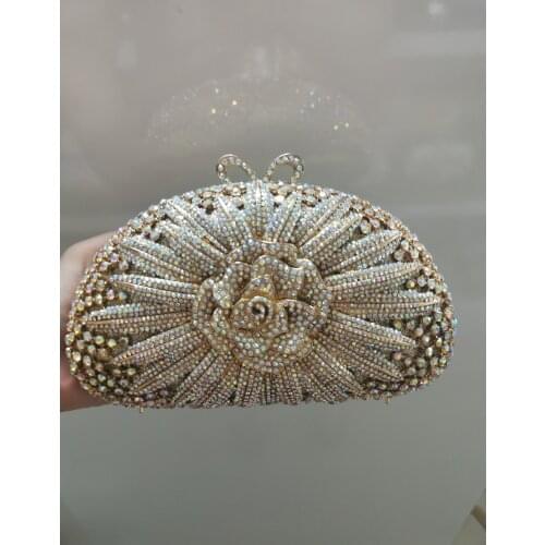 Blooming Rose Flower Diamond Women Evening Bag Gold Champagne Silver AB Crystal Ladies Party Wedding Clutch Purse Female Handbag