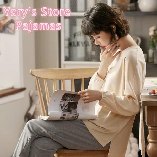 Women pajamas cotton pajamas women pjs women spring and autumn leisure solid color long sleeve pants cotton loose home wear suit
