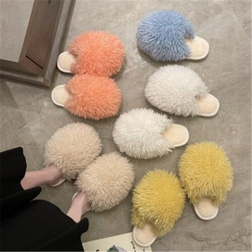2021 Women Furry Slippers Ladies Shoes Cute Plush Hair Fluffy Sandals Womens Fur Slippers Winter Warm Slippers Women Hot