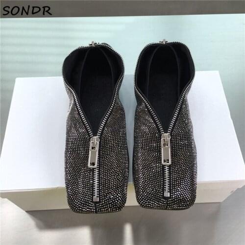 Luxury Full Crystal Shoes For Women 2021 New Autumn Front Zipper Ballet Flats Casual Shoes Square Toe Mary Janes Designer Shoes