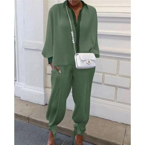 Women Casual Solid Rib Knitted Clothing Sets Long Sleeve Pullover Shirt Blouses Top Loose Pants Lady Spring Fall Fashion Outfits