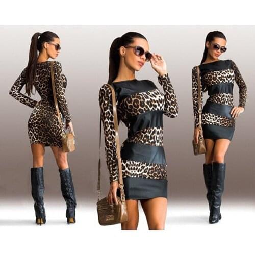 Women Sexy Leopard Print Contrast Color Dress Bodycon Slim Long Sleeve Women Dress Plus Size Fashion Bag Hip Dress Autumn