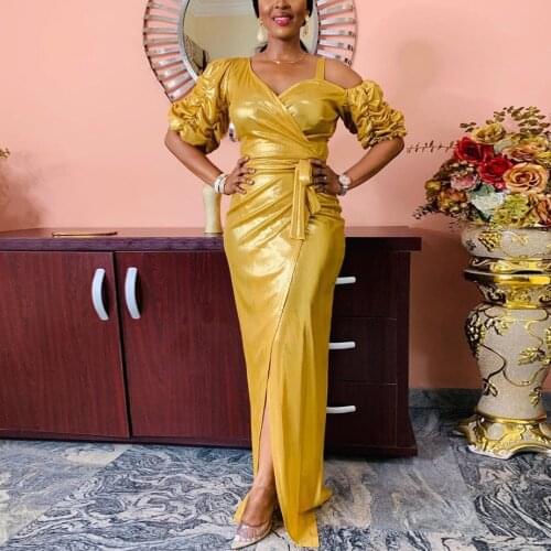 Elegant Gold Dress Women For Wedding Party Night Shinny V Neck High Waist Half Sleeve Sexy Split Floor Length Long Vestidos Hot