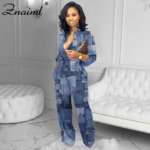 Znaiml Women Long Sleeve Wide Leg Loose Imitation Denim Jumpsuit Casual Print Patchwork Sashes Straight Overalls Street Playsuit