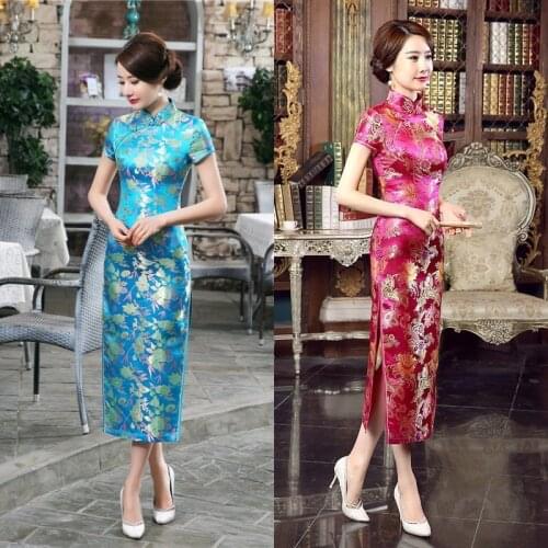 2020 Pink Cheongsam Long Brocade Cheongsam Split Cheongsam T Show Qipao Party Gown Slim Retro Lady Long Silk Evening Dress