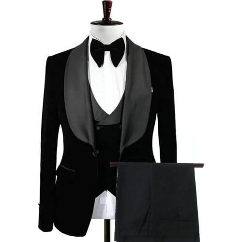 2021 Black Velvet Mens 3 Pieces Suit Prom Costume Groom Tuxedos Formal Wedding Best Man Blazer Party Suits (Jacket+Vest+Pants)