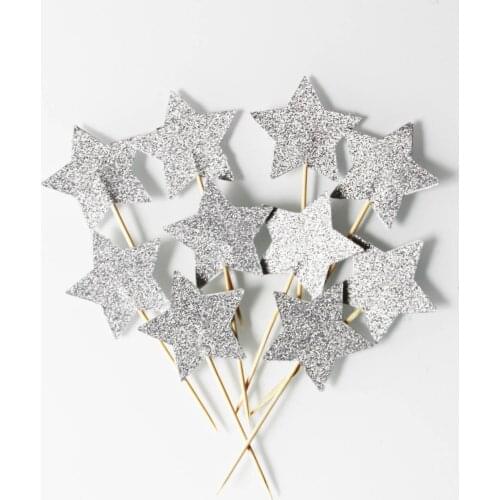 40 cupcakes toppers (cupcake toppers) silver stars with glitter - Christmas Decor
