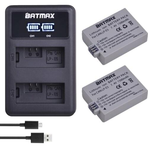 Batmax 2pcs LP-E5 LPE5 LP E5 Camera Battery+LED Dual USB Charger for Canon EOS 450D 500D 1000D Kiss X3 Kiss F Rebel Xsi