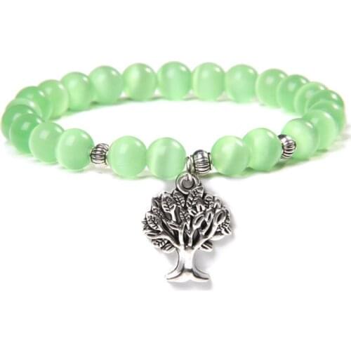 FYJS Unique Silver Plated Tree of Life Connect Many Colors Cat Eye Stone Beads Stretchy Bracelet Trendy Jewelry
