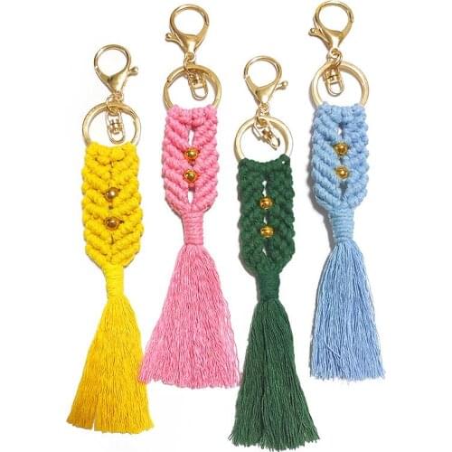 Handmade Weave Gold Beads Charm Keychain for Women Girls Simple Fashion Bohemia Beach Bag Car Key Chain Ring Pendant Accessory