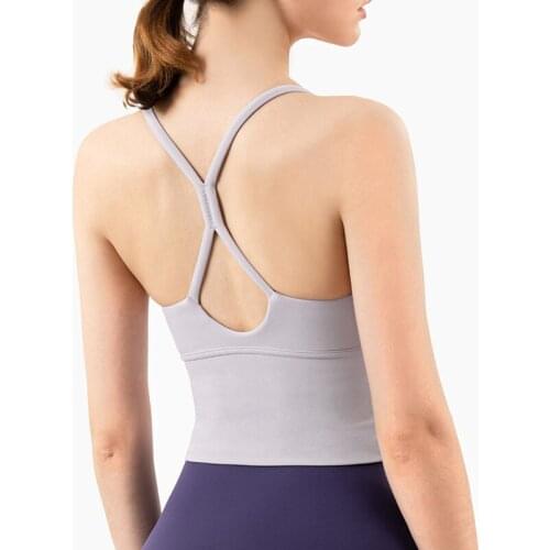 Sexy V Neck Spaghetti Strap Nude Feel Fabric Vest Style Fitness Women Yoga Bras Cross Beauty Back Push Up Shockproof Sport Top