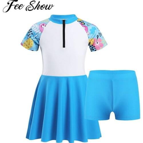 Two Pieces Kids Girls Bathing Suits Summer Swimming Suits Quickly Dry Front Zipper Swimming Dress with Shorts Set Beach Swimwear
