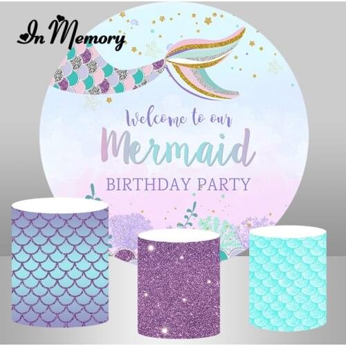 InMemory Round Circle Girls Mermaid Party Photography Backdrop Under The Sea Baby Shower Birthday Party Background Plinth Covers