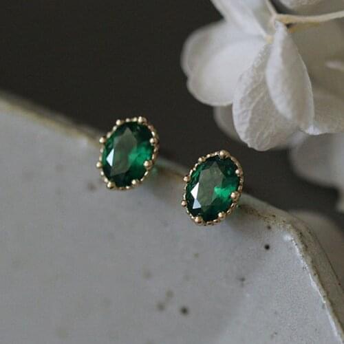 Dainty Female Emerald Green Zircon Earrings Crystal 925 Sterling Silver Gold Earrings For Women Luxury Small Oval Stud Earrings