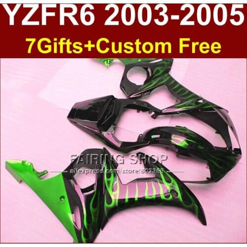 Green flame in black fairing set for YAMAHA YZFR6 2003 2004 2005 motorcycle fairings kit YZF R6 03 04 05 bodyworks YZF1000 WH7U