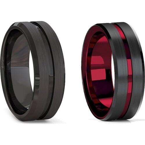 8mm Mens Black Brushed Tungsten Carbide Ring Thin Black Red Grooved Line Carbon Fibre Ring Mens Wedding Band Jewelry Gift