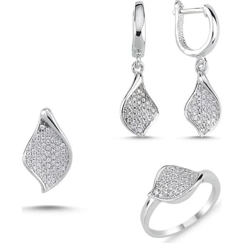 Silverlina Silver Zircon Stone Leaf Set: Ring, Earring, Pendant