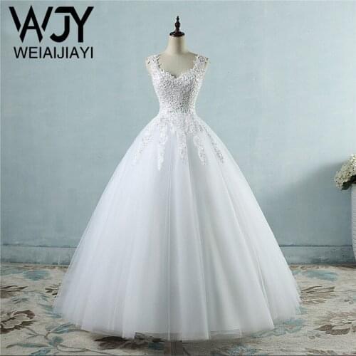 Real Image White V Neck Cheap Beautiful Wedding Dress Tulle Appliques Lace Floor Length Dresses Vestido De Novia Robe De Mariee