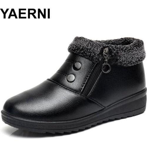 YAERNI New Winter Mom Cotton Shoes warm Middle-aged Women Boots High Quality PU Soft Leather Shoes Women Snow Boots Winter Boots