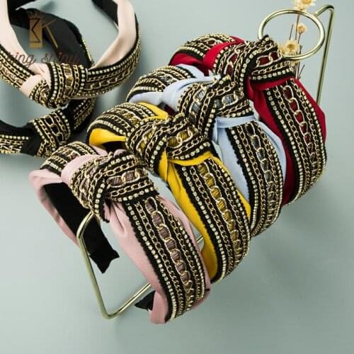 New Crystal Chain Bowknot Headband for Woman Elegant Top Knotted Solid Color Fabric Hairband Girls Wash Face Hair Hoop Headpiece