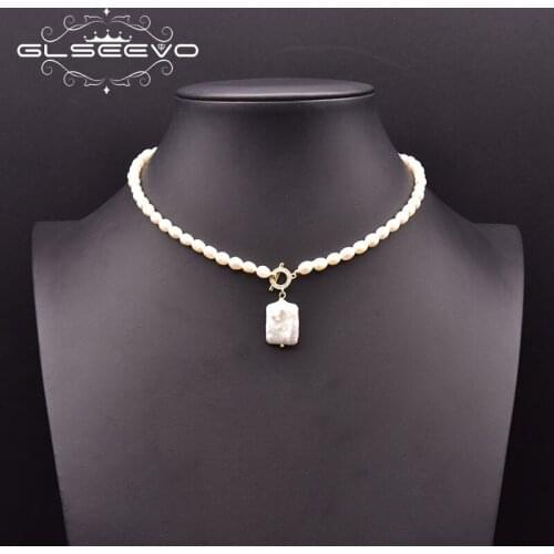 GLSEEVO Pure Natural Freshwater Pearl Necklace Woman Square Baroque Pendant Wedding Party Luxury Jewelry Jewelry GN0288A