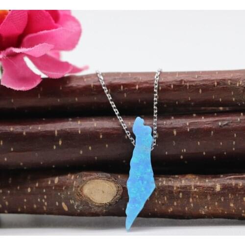 Free Shipping Op06 light Blue 6.2x24mm synthetic Opal Necklace Opal Israel Map Necklace with 925 Silver O chain