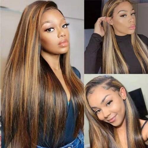 Highlight Straight Hair Wigs 4/27 Transparent 13x4 Lace Frontal Human Hair Wigs Ombre Brown Color T Part Lace Front Closure Wig